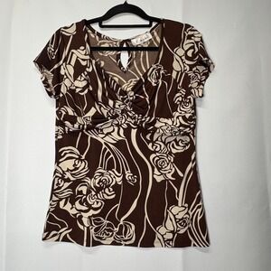 Vintage Y2K Babydoll Brown Floral Twist‎ Front Short Sleeve Top Large Whimsigoth